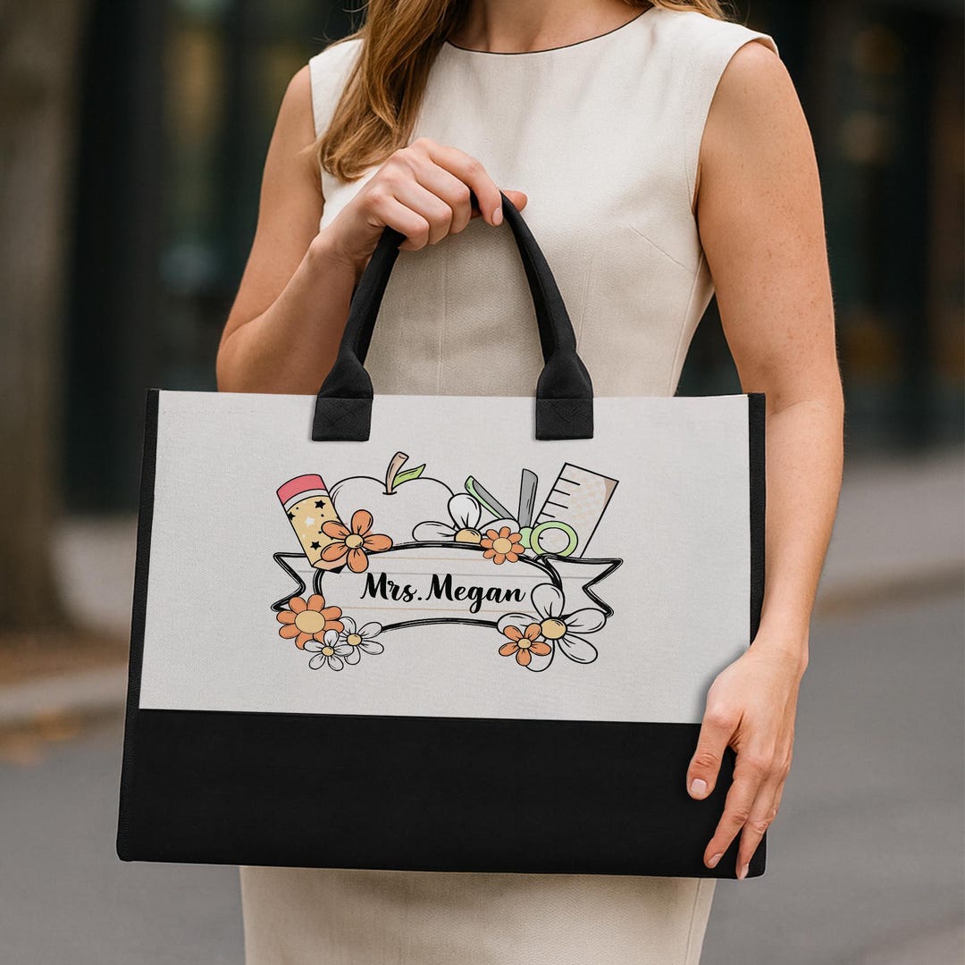 Personalized Teacher Tote Bag, Custom Name Floral School Supplies ...