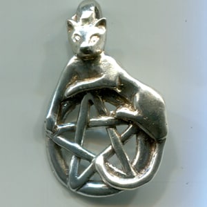 May include: A silver pendant featuring a cat curled around a pentagram.