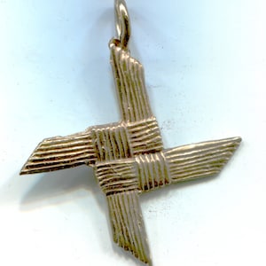 May include: A gold-colored pendant in the shape of a woven cross. The cross is made of thin, braided metal strips.