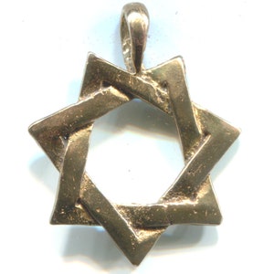May include: A gold-colored pendant in the shape of a six-pointed star, also known as a Star of David.