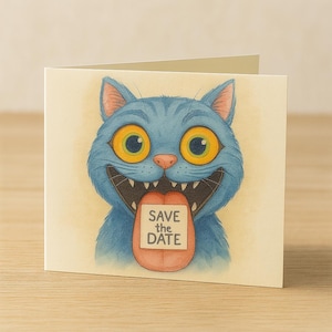 Könnte beinhalten: Gefaltete Karte mit einer Cartoon-Katzen-Illustration. Die Katze hat blaues Fell, große gelbe Augen und eine rosa Zunge mit dem Text "SAVE THE DATE". Die Karte hat einen cremefarbenen Hintergrund.