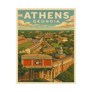 May include: A vintage-style travel poster for Athens, Georgia, featuring a detailed aerial view of the city, including Sanford Stadium and the University of Georgia campus. The poster has a retro color palette with the text "Athens Georgia" at the top.