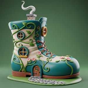 Puede incluir: Una caprichosa casa con forma de bota en color verde azulado y crema, con una chimenea que emite humo blanco. La bota presenta ventanas redondas, una puerta de madera y está adornada con enredaderas, hojas y flores rosas. Se asienta sobre una base verde con un camino de piedras.