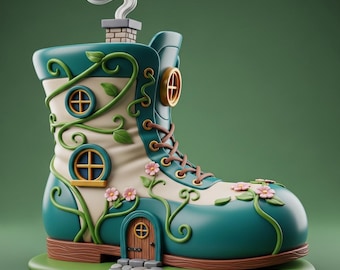 May include: A whimsical teal and cream boot-shaped house with a chimney emitting white smoke. The boot features round windows, a wooden door, and is adorned with vines, leaves, and pink flowers. The house sits on a green base with a stone path.