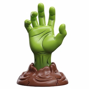 Puede incluir: Una mano verde estilizada que emerge de tierra marrón. La mano se extiende hacia arriba con los dedos extendidos. La base es un montículo marrón esculpido, con un tema de Halloween.