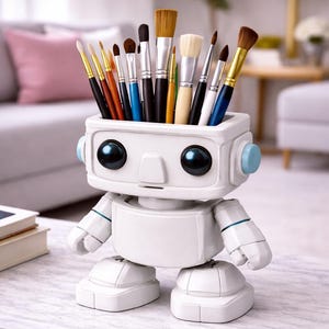 May include: A white robot-shaped desk organizer holding various paint brushes. The robot has large black eyes, blue accents, and a rectangular head. The brushes have wooden handles and different bristle shapes and sizes. The organizer sits on a marble-patterned table.