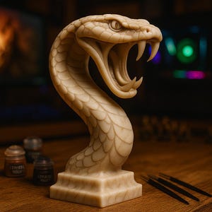 Puede incluir: Escultura detallada de serpiente de color marfil con la boca abierta, revelando afilados colmillos. La serpiente está en una posición erguida, con escamas texturizadas. La escultura se asienta sobre una base escalonada. Botes de pintura y herramientas en el fondo.