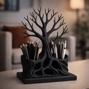 May include: A matte black desk organizer shaped like a tree with exposed roots forming two distinct compartments. The structure holds a collection of various pencils and pens. The entire piece is mounted on a rectangular black base.