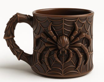 May include: A brown ceramic mug featuring a raised, three-dimensional spider centred on a web pattern that wraps around the exterior. The handle is sculpted to resemble a textured, segmented branch or twig, adding to the detailed relief design.