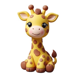Op de afbeelding: Een gele giraffenfiguur met bruine vlekken, oren en hoeven. De giraffe heeft een lachend gezicht met grote zwarte ogen, roze wangen en kleine bruine hoorns. De figuur zit.