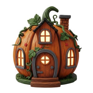Könnte beinhalten: Ein skurriles, orangefarbenes Kürbis-Haus mit einer Holztür und Fenstern. Grüne Ranken und Blätter schmücken das Äußere, mit einem Schornstein oben. Die Fenster leuchten mit einem warmen, einladenden Licht und schaffen eine märchenhafte Szene.