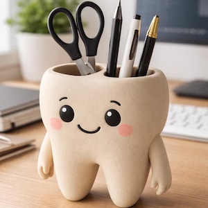 Puede incluir: Un organizador de escritorio en forma de diente caprichoso en tono beige, que contiene tijeras negras, un lápiz y bolígrafos. El organizador tiene una cara sonriente con mejillas rosadas, brazos y un diseño de dos compartimentos. Se encuentra sobre un escritorio de madera con un bloc de notas.