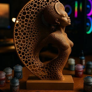 Puede incluir: Una detallada escultura de madera de una mujer con un diseño calado único. La escultura presenta el perfil de una mujer con los ojos cerrados, un gran elemento circular con numerosos agujeros y está sobre una base de madera. Pinceles y botes de pintura en primer plano.