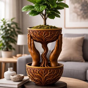 May include: A decorative brown planter with a tree design, featuring a small green plant. The planter has a unique design with hands supporting the upper bowl. The planter is on a round wooden table.