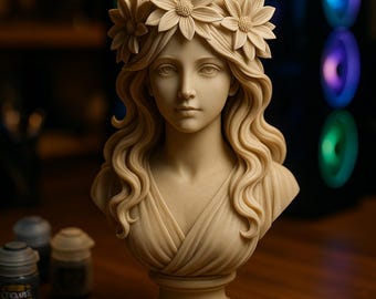 May include: A cream-colored bust of a woman with long, wavy hair and a floral crown. The sculpture is on a pedestal and has a draped garment. Paintbrushes and small paint pots are on the wooden surface in front of the bust.
