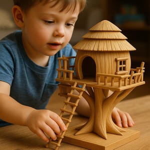 May include: A wooden treehouse toy with a ladder, a small window, and a round roof. The treehouse is on a wooden base. The image shows a child playing with the toy.