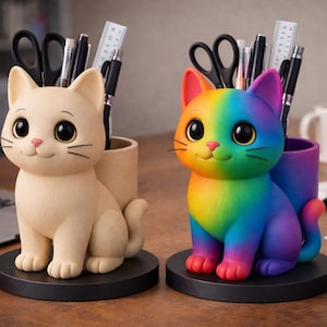 Puede incluir: Dos organizadores de escritorio con forma de gato. Uno es beige, el otro es de color arcoíris. Ambos tienen ojos grandes y sostienen bolígrafos, tijeras y reglas. Se asientan sobre bases circulares negras.