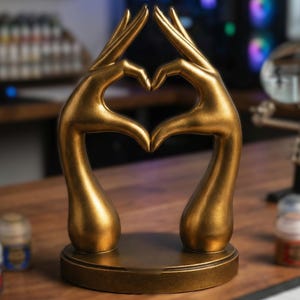 Op de afbeelding: Een goudkleurige sculptuur van twee handen die een hart vormen. De sculptuur staat op een ronde basis en staat op een houten oppervlak. Verfbenodigdheden en penselen zijn zichtbaar op de achtergrond.