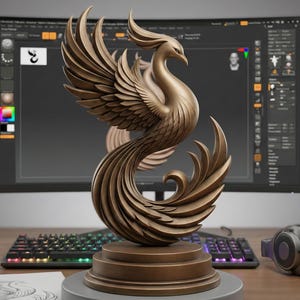 Op de afbeelding: Een bronzen phoenix-sculptuur met uitgespreide vleugels en vloeiende staartveren. De sculptuur staat op een grijze, cirkelvormige basis. Een computermonitor, toetsenbord en koptelefoon zijn op de achtergrond te zien.