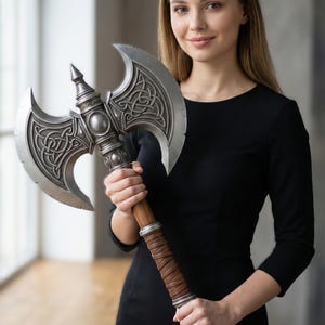 May include: A silver and brown battle axe with intricate Celtic knot designs on the blade. The axe features a wooden handle wrapped in brown leather. A decorative and detailed fantasy weapon.