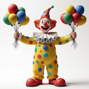 Può includere: Una statuetta di un clown allegro con un costume giallo a pois, scarpe rosse e un colletto a balze. Il clown tiene in mano dei palloncini colorati. Il clown ha capelli rossi, naso rosso e un cappello rosso e bianco.