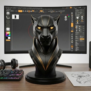 STL buste de panthère futuriste | Sculpture cyber-animal | Gros félin imprimable en 3D (téléchargement numérique)