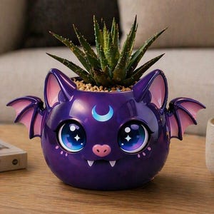 May include: A purple bat-shaped planter with a succulent plant. The planter has large, expressive eyes, a pink nose, and a crescent moon design. The bat's wings are spread, and the planter is filled with soil and a green succulent plant. A candle and decorative items are nearby.