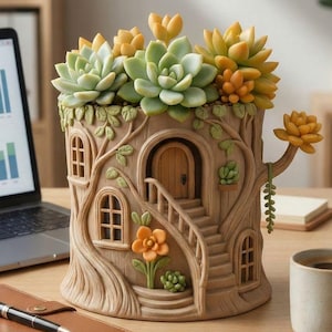 Puede incluir: Una maceta con forma de tronco de árbol con un diseño de casa en miniatura, con una pequeña puerta, ventanas y escaleras. La maceta está llena de una variedad de suculentas en tonos verdes, amarillos y naranjas. La maceta está sobre un escritorio.