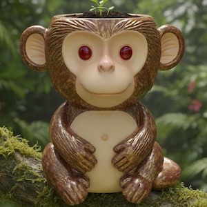May include: A brown monkey-shaped planter with red eyes and a light beige belly, holding its hands together. The planter has a small plant growing from the top and is set against a lush green background.