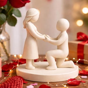 May include: A cream-colored ceramic figurine depicts a proposal scene, with a kneeling figure offering a hand to a standing figure. Red roses, candles, and heart-shaped confetti surround the figures, creating a romantic ambiance.