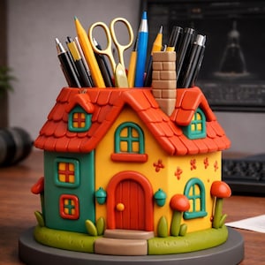 May include: A whimsical house-shaped desk organizer in bright colors. The red-roofed house has green, yellow, and orange walls, with windows and a red door. It holds pens, pencils, and scissors. The organizer sits on a gray base.