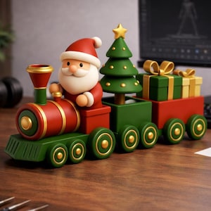 Op de afbeelding: Een feestelijke speelgoedtrein met de Kerstman in de locomotief, een kerstboom en wagons vol cadeaus. De trein is rood en groen met gouden accenten, geplaatst op een houten oppervlak. De Kerstman heeft een witte baard en een rode hoed.