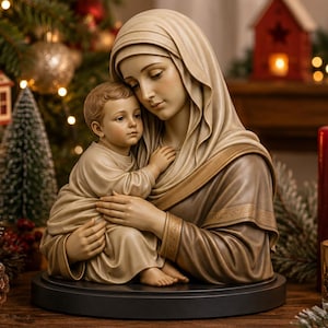 Puede incluir: Una figura religiosa que representa a María y Jesús. La estatua es en tonos beige y marrón, con detalles dorados. Se encuentra sobre una base negra, con un árbol de Navidad y velas en el fondo. Un símbolo de fe y devoción.