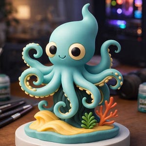 Puede incluir: Una caprichosa figura de pulpo azul claro con ojos grandes y amigables y tentáculos rizados. El pulpo se asienta sobre una base con temática marina con arena amarilla, coral y un soporte circular blanco. Una pieza decorativa.