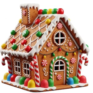 May include: A gingerbread house with white icing, colorful candies, and candy canes. The roof is decorated with red, green, and yellow candies. The house has a chimney, windows, and a door. A festive holiday decoration.