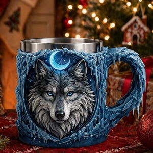 May include: A blue ceramic mug with a detailed wolf design, featuring a crescent moon and stars. The mug has a stainless steel rim and a textured, icy exterior. The background includes a Christmas tree, candles, and ornaments.