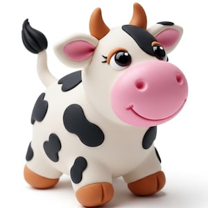 Könnte beinhalten: Eine skurrile Kuhfigur im Cartoon-Stil. Die Kuh ist überwiegend weiß mit schwarzen Flecken, einer rosa Nase und braunen Hörnern und Hufen. Sie hat große, ausdrucksstarke Augen und einen lächelnden Mund, was ihr ein freundliches Aussehen verleiht. Der Schwanz ist schwarz.