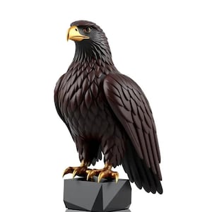 May include: A dark brown eagle statue with a gold beak and talons, perched on a gray geometric base. The text "STL- 3D DIGITAL FILE" is displayed in red at the top of the image. The eagle's feathers are intricately detailed.