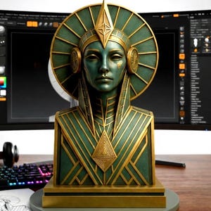 May include: A green and gold art deco bust of a woman with a headdress. The bust is on a round, gray base. The bust is in front of a computer monitor, keyboard, and headphones.