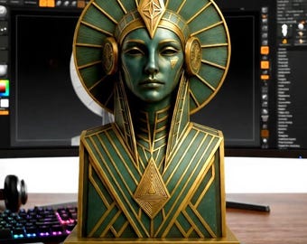 May include: A green and gold art deco bust of a woman with a headdress. The bust is on a round, gray base. The bust is in front of a computer monitor, keyboard, and headphones.