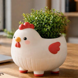 May include: A white ceramic chicken planter with red comb, wattle, and wing details. The planter is filled with green foliage and sits on a wooden desk. The chicken has a cartoon design and is a decorative item.