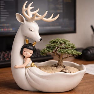 May include: A white ceramic planter shaped like a deer embracing a girl, with a small bonsai tree in a sand-filled bowl. The deer has large antlers, and the girl wears a gold bow. The planter is on a wooden surface.