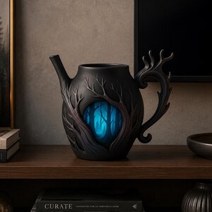 May include: A black ceramic teapot with a tree branch handle and a forest scene cutout. The interior of the teapot glows with a blue light, creating a striking contrast. The teapot is displayed on a wooden shelf with other decorative items.