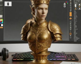 May include: A golden bust of a queen wearing a crown and armor, set on a pedestal. The bust is on a desk with a computer monitor displaying 3D modeling software, a keyboard, headphones, and a sketch of the bust.