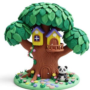 May include: A whimsical treehouse sculpture with a brown trunk, green leaves, and two yellow houses with purple roofs. A panda sits at the base, surrounded by flowers and colorful stepping stones. The treehouse has a small balcony.