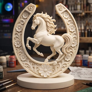 May include: A cream-colored horse sculpture within a horseshoe frame, adorned with floral patterns. The horse is rearing, showcasing detailed mane and tail. The sculpture sits on a round base, with paintbrushes and art supplies in the background.
