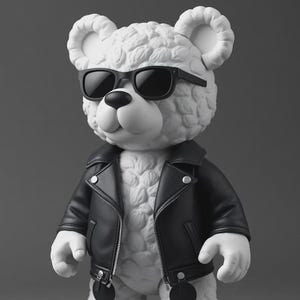 Könnte beinhalten: Eine weiße Teddybär-Figur mit schwarzer Sonnenbrille und schwarzer Lederjacke. Der Bär hat ein strukturiertes, fellartiges Aussehen und steht aufrecht. Die Jacke hat einen Reißverschluss und Knöpfe.
