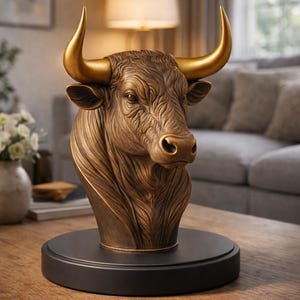Op de afbeelding: Een bronzen stierensculptuur met goudkleurige hoorns. De kop van de stier is gedetailleerd met getextureerde vacht en staat op een zwarte cirkelvormige basis. Het is een decoratief item.