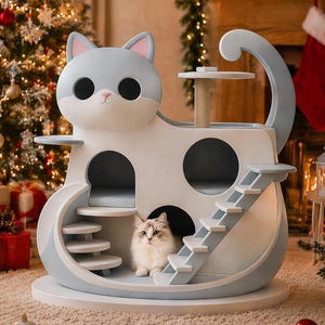 May include: A whimsical cat-shaped cat tree in shades of white and light blue, featuring a cozy interior and multiple levels. A fluffy cat sits inside. The cat tree has a scratching post and a curved tail design. The scene is set in a festive Christmas setting.