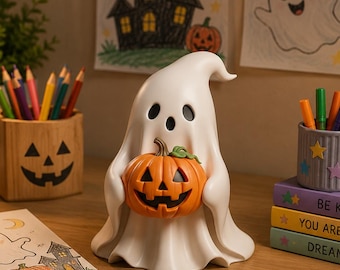 May include: A white ghost figurine holding an orange pumpkin. The scene includes a wooden pencil holder with a jack-o'-lantern face, a notebook with a ghost drawing, and colorful crayons. Drawings of a haunted house, ghost, and rainbow are in the background.